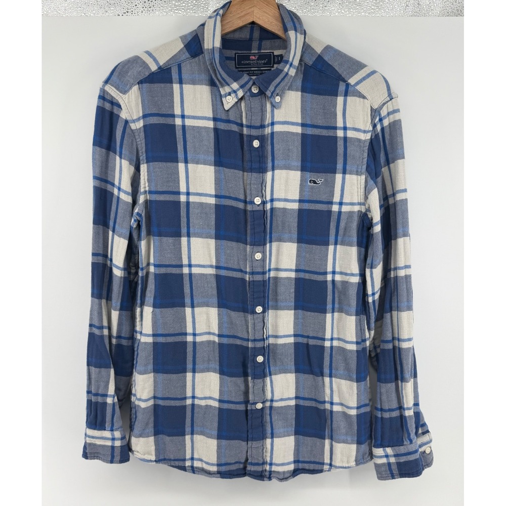 Vineyard Vines Mens Classic Fit Whale Shirt Blue White Plaid Flannel Small 0812